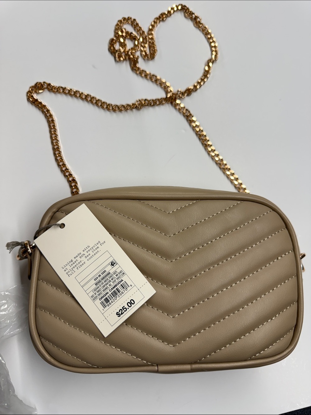 NEW Beige Quilted Crossbody Bag with Gold Chain